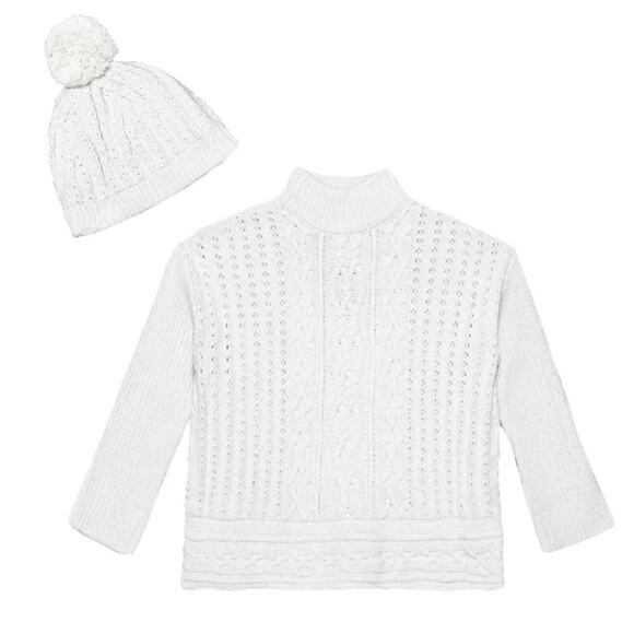 New LULURAIN Big Girl's Cotton Cable-Knit Sweater with PomPom Beanie Hat Set - Picture 2 of 6
